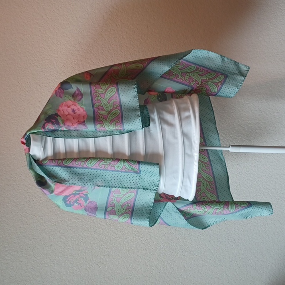 Vintage Shinawayra Teal & Pink Floral & Paisley Thai Silk Scarf, 32" x 33½"